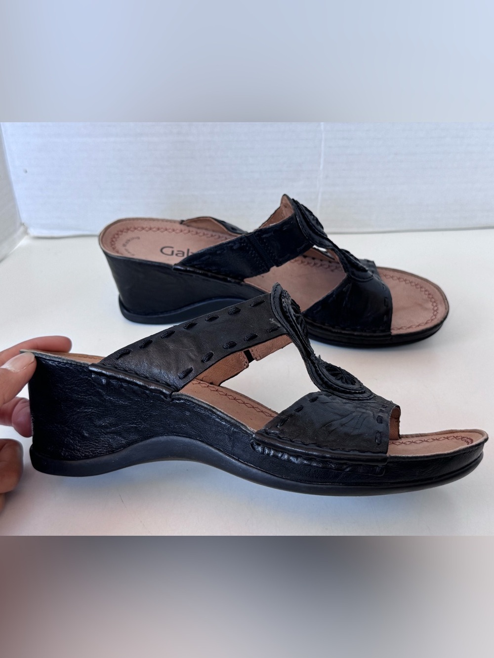 Gabor Pangea Nappa Black Leather Comfort Wedge Chunky Slip On Sandals Size 6.5